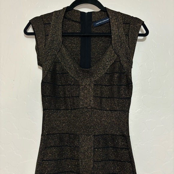 French Connection Black/Bronze Danni Crepe Cap Sleeve Metallic Bodycon Dress - Picture 6 of 14